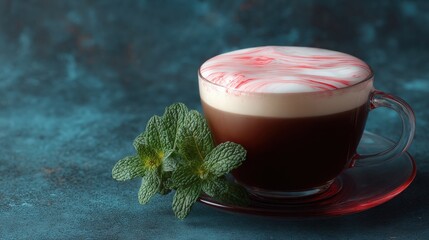 Close-up of a cup of coffee on a dark blue textured background. the cup is made of glass and has a red saucer.