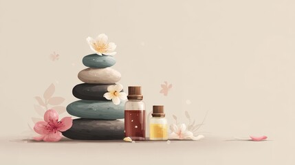 Tranquil Spa Scene with Stones, Essential Oils and Flowers