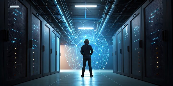 A person contemplates a futuristic data center with glowing digital network - Powered by Adobe
