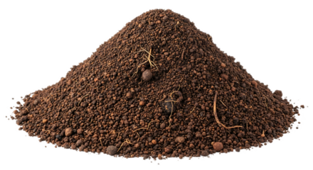 A mound of dark brown soil with small roots and pebbles against a black background in close up view