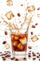 cold brew coffee splash with ice cubes and coffee beans, isolated on white background