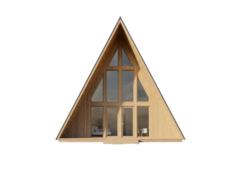 Isolated A-frame house architecture facade in wood siding, windows, doorway design detail