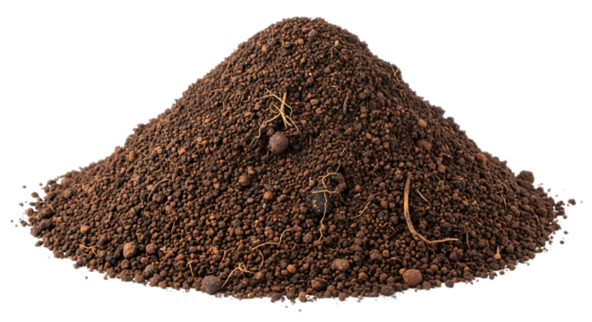 A mound of dark brown soil with small roots and pebbles against a black background in close up view