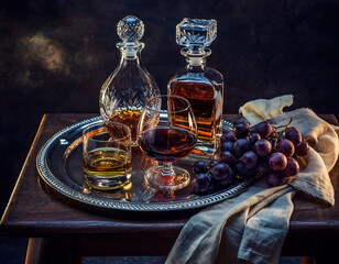 Vintage Liquor Still Life with Whiskey and Brandy Decanters on Silver Tray