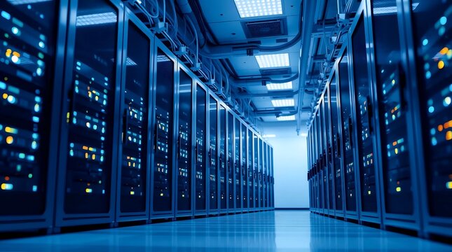 wide-angle view of modern data center aisle illuminated with cool lights showing rows of powerful computer servers