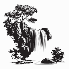 Beautiful Waterfall in Nature Scene Silhouette Vector on white background