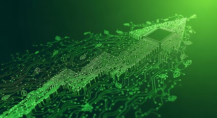 Eco-friendly technology and sustainable business growth concept with a green circuit board arrow sprouting leaves