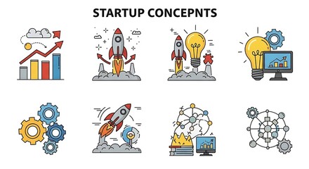 A dynamic collection of colorful flat line icons illustrating various startup business concepts from innovative ideas to market launch and strategic growth