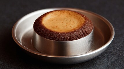 Round, chocolate-colored dessert in a silver plate. the dessert appears to be a flan or custard, with a smooth, creamy texture on top.