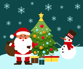 Christmas and New Year illustration card with Santa Claus, snowman, Christmas tree and gifts on a dark blue background with snowflakes in vector