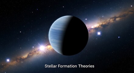 A digital illustration of a distant blue gas giant exoplanet orbiting in deep space with a luminous and vast galactic background