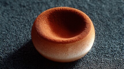 Close-up of a small, round, orange-colored object on a dark blue textured surface. the object appears to be made of a soft, sponge-like material and has a smooth, rounded shape.