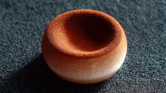 Close-up of a small, round, orange-colored object on a dark blue textured surface. the object appears to be made of a soft, sponge-like material and has a smooth, rounded shape.