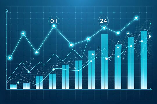 Data analysis visualization with financial graphs and upward trending lines displayed