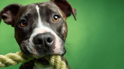 Playful pup grips weathered rope, embodying canine joy, perfect for National Dog Day, quirky pet bonding celebration