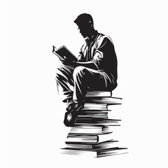 Man Reading on Book Stack Silhouette Illustration on white background
