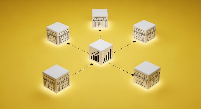 Franchise network growth represented by cubes on a yellow background - Powered by Adobe