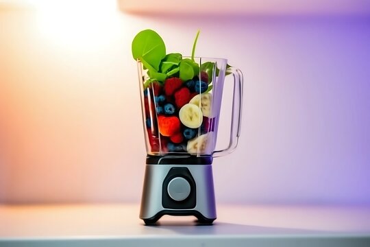Closeup of a blender filled with fresh fruits and spinach, creating a vibrant and healthy smoothie ingredient mix for a nutritious beverage - Powered by Adobe