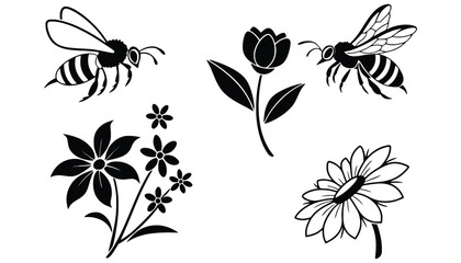 Black and white vector illustration of bees and flowers art
