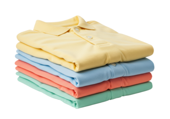 Isolated stack of folded cotton polo shirts in yellow, blue, orange, and green colors