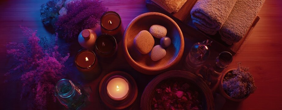 Tranquil Spa Setup with Candles, Stones, and Towels in Soft Light