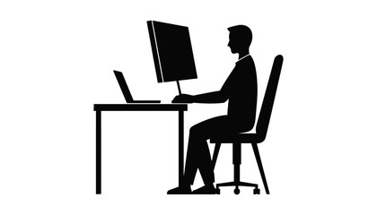 Man working at computer silhouette office desk and laptop icon