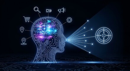 Futuristic artificial intelligence head visualizing consumer data for strategic targeted marketing