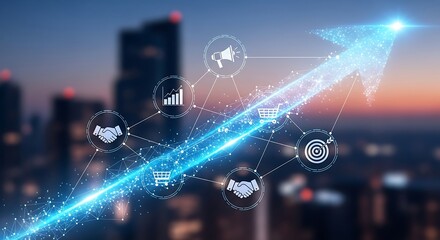 A glowing arrow with business icons representing a successful marketing and sales strategy leading to corporate growth over a cityscape