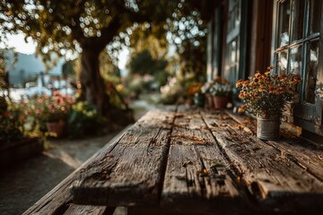 Weathered wooden table under dappled sunlight, whispering autumnal equinox musings and embodying rustic nostalgia, bonsai appreciation day