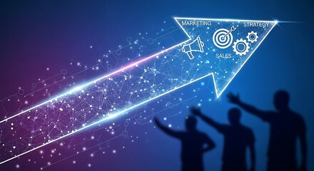 Conceptual illustration of strategic marketing and sales growth with a futuristic arrow and team silhouettes pointing towards business success