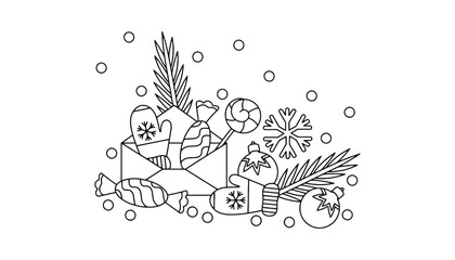Winter holiday coloring page with christmas decorations line art