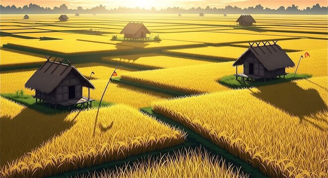 An illustration depicting a vast, ripe golden rice field stretching to the horizon under a bright sunset. Several traditional thatched-roof huts (lumbungs) are scattered across the paddies.