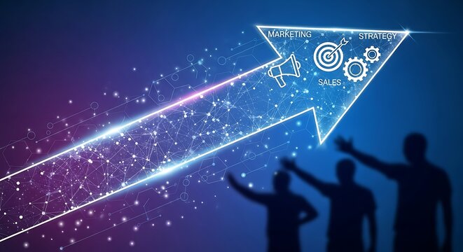 Conceptual illustration of strategic marketing and sales growth with a futuristic arrow and team silhouettes pointing towards business success