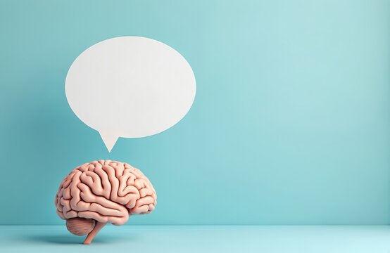Human brain with speech bubble on blue background. Concept of mind thinking, ideas generation. Place for text. Neurology and psychology. Medical visual about mental health and brain activity.