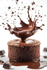 chocolate lava cake flying with melted chocolate splash, isolated on white background