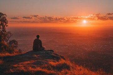 A contemplative silhouette of an Asian man sits against a fiery sunset, evoking Diwali reveries and serene mindfulness retreats