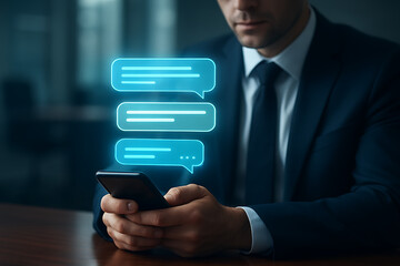 Businessman holding smartphone with blue chat messages above, communication concept, online discussion, social media, mobile technology, customer service, support, business network