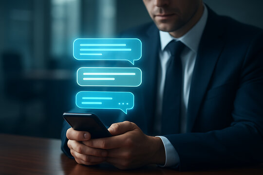 Businessman holding smartphone with blue chat messages above, communication concept, online discussion, social media, mobile technology, customer service, support, business network