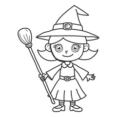 Adorable little witch with a broomstick a simple black and white line drawing illustration