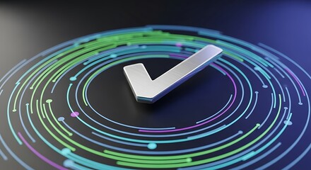 A metallic checkmark symbolizes successful strategic planning and digital process completion on a futuristic technology background