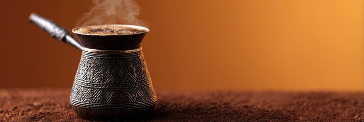 Steaming cezve on cinnamon sands whispering tales of aromatic Turkish Coffee Day, crafted elegance, ancient brews, cultural warmth