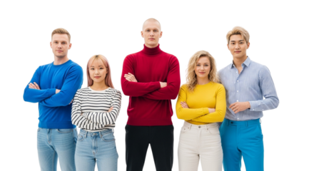 Group of five diverse young adults standing with arms crossed isolated on transparent background