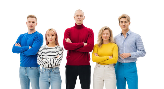 Group of five diverse young adults standing with arms crossed isolated on transparent background