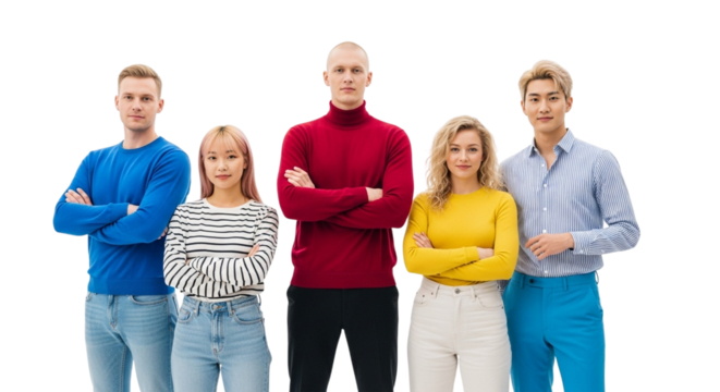 Group of five diverse young adults standing with arms crossed isolated on transparent background