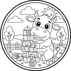 Cute Cartoon Cow Playing With Building Blocks in Farmyard – Fun Kids Coloring Page Illustration
