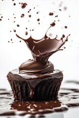 chocolate lava cake flying with melted chocolate splash, isolated on white background