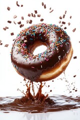 chocolate donut flying with sprinkles and glaze splash, isolated on white background