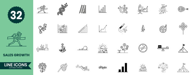 Sales Growth Line Icon Set Business Increase, Marketing Success, Revenue Progress and Analytics Vector Collection