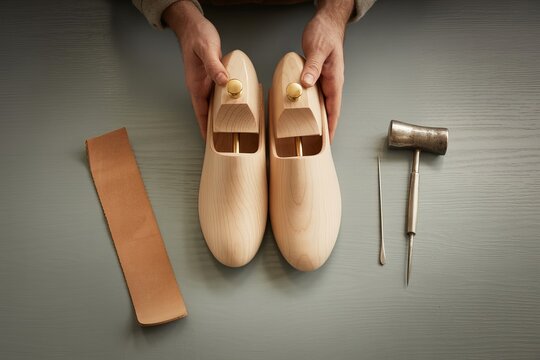 Hands holding wooden shoe lasts with shoemaking tools