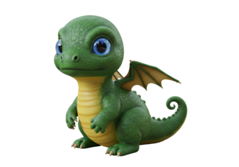Isolated cute baby dragon sitting with wings, a whimsical fantasy creature or mascot